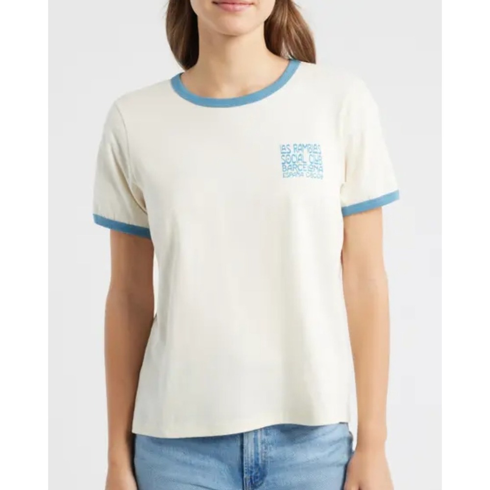 City Blues Barcelona Las Ramblas Social Club Ringer T-Shirt Cream Blue Medium